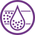 Wet separators This icon features a purple droplet with circular particles inside, set against a background of two parallel lines and a cluster of dots, symbolizing filtration or separation processes within a purple circular border.