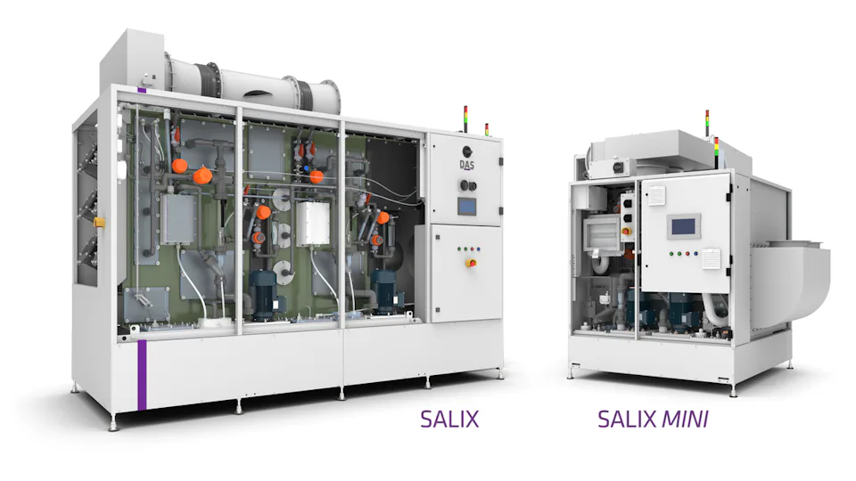SALIX and SALIX Mini by DAS EE The image features two industrial HAVC systems, labeled as SALIX and SALIX Mini by DAS EE, showcasing their interior components such as valves, pumps, and control panels, with the SALIX on the left being larger and more complex, and the SALIX Mini on the right appearing compact and streamlined.