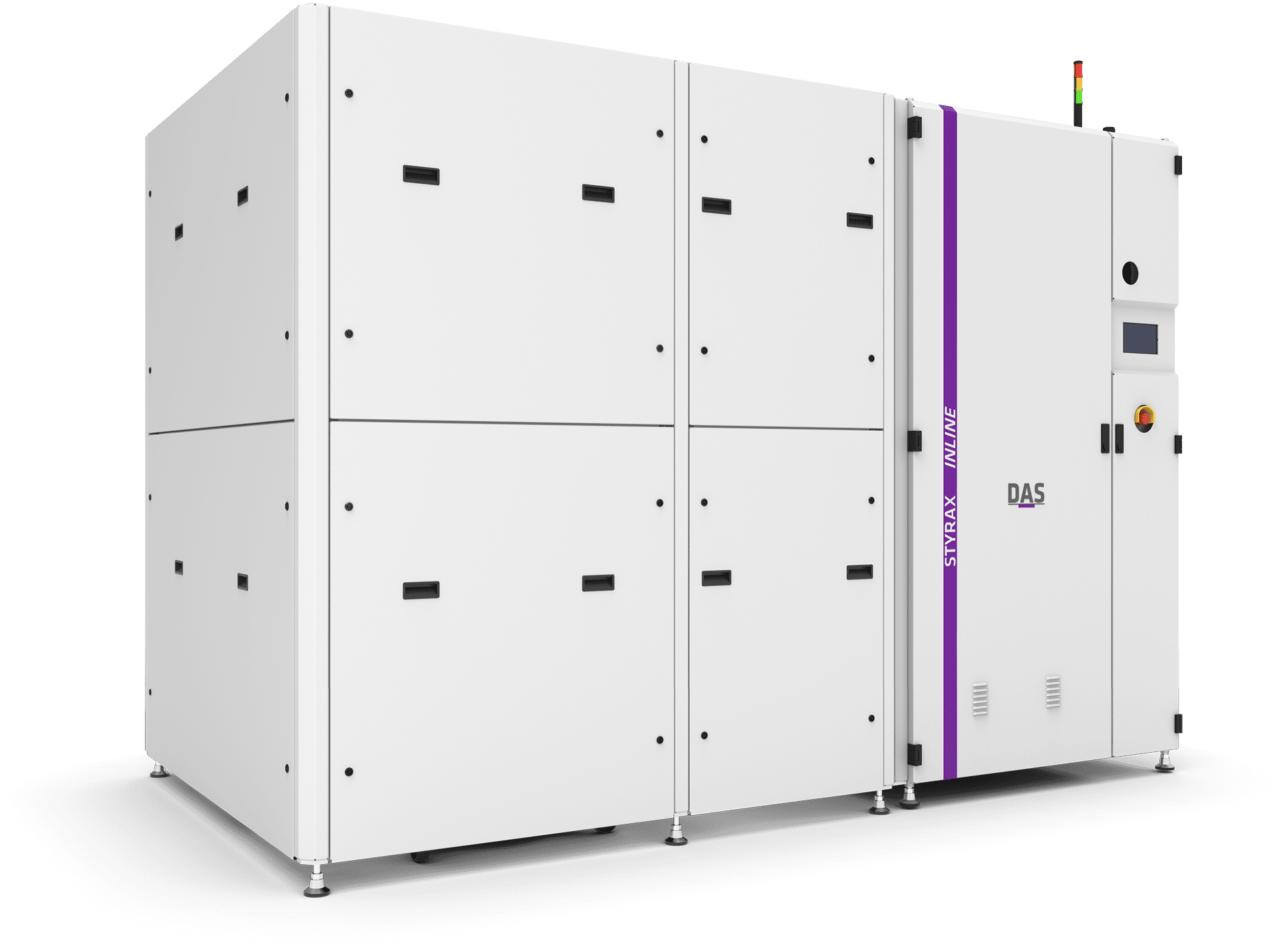 The image shows a large, industrial, white waste gas abatement system with a sleek, rectangular design, featuring multiple panels, control interfaces, and a prominent purple stripe along one side, positioned on a black platform.