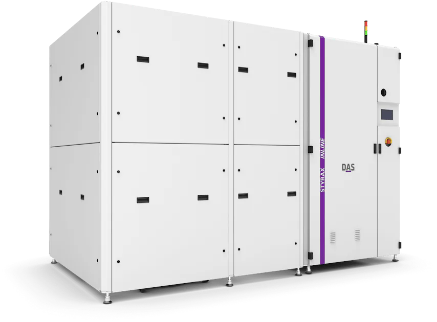 STYRAX INLINE The image shows a large, industrial, white waste gas abatement system with a sleek, rectangular design, featuring multiple panels, control interfaces, and a prominent purple stripe along one side, positioned on a black platform.