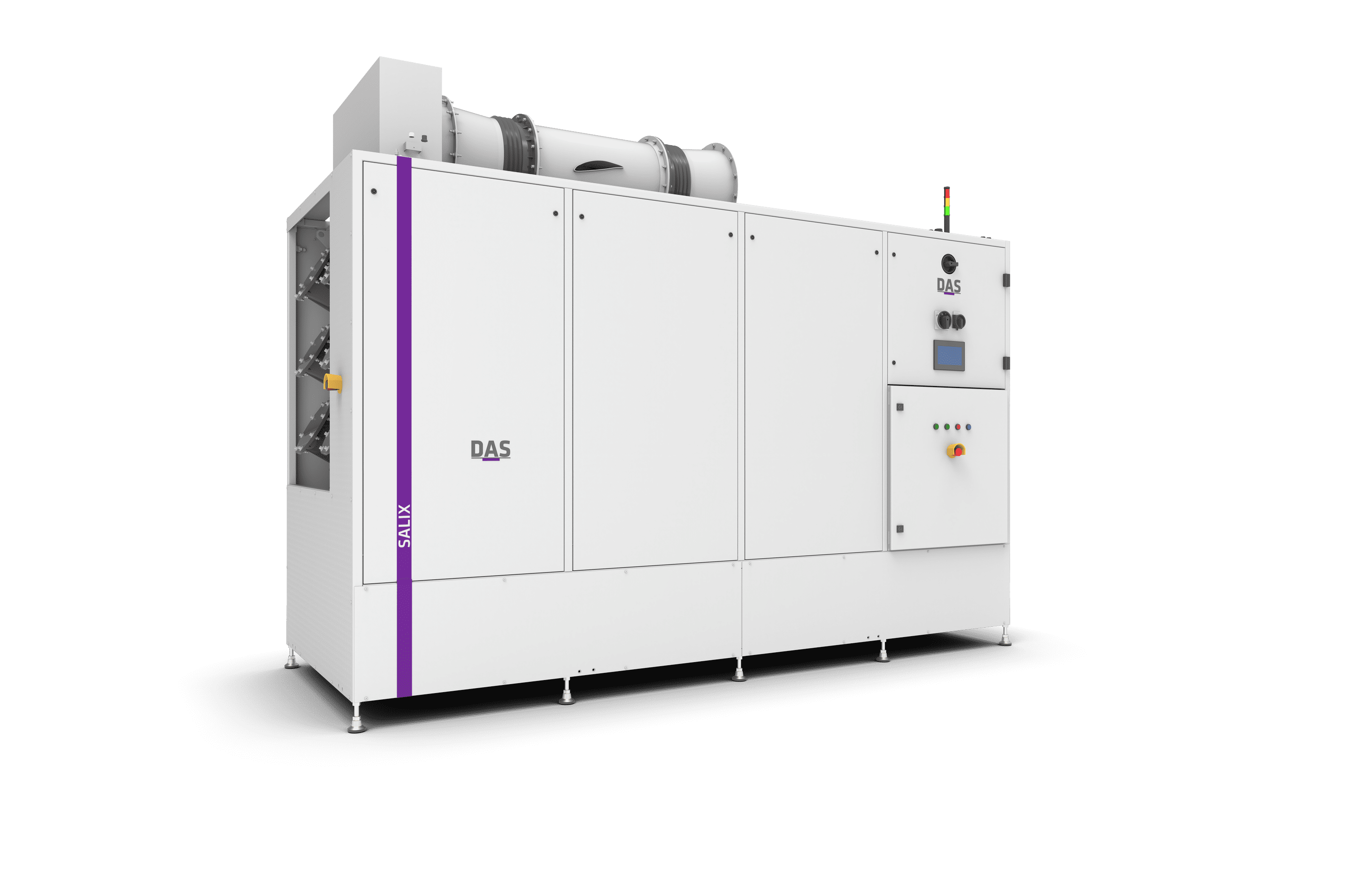 A modern, white SALIX waste gas treatment system model with electronic controls and a compact design stands in front of a neutral background.