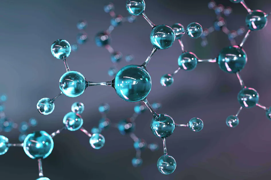 Water molecule compound A close-up 3D illustration of interconnected blue molecules with shiny reflections, set against a gradient background, highlighting molecular structure and scientific research concepts.