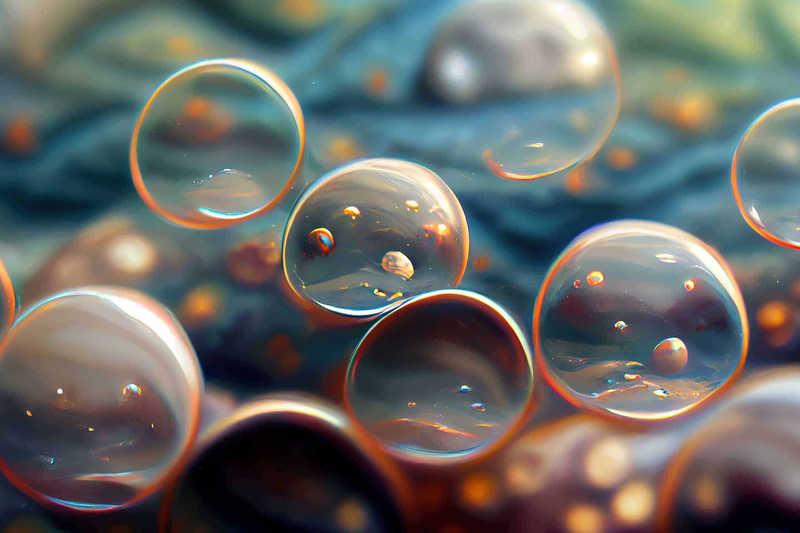 A close-up view of transparent bubbles floating over a soft-focus background of blue and orange hues, capturing the essence of light reflection and abstract beauty in a whimsical, dreamlike scene.