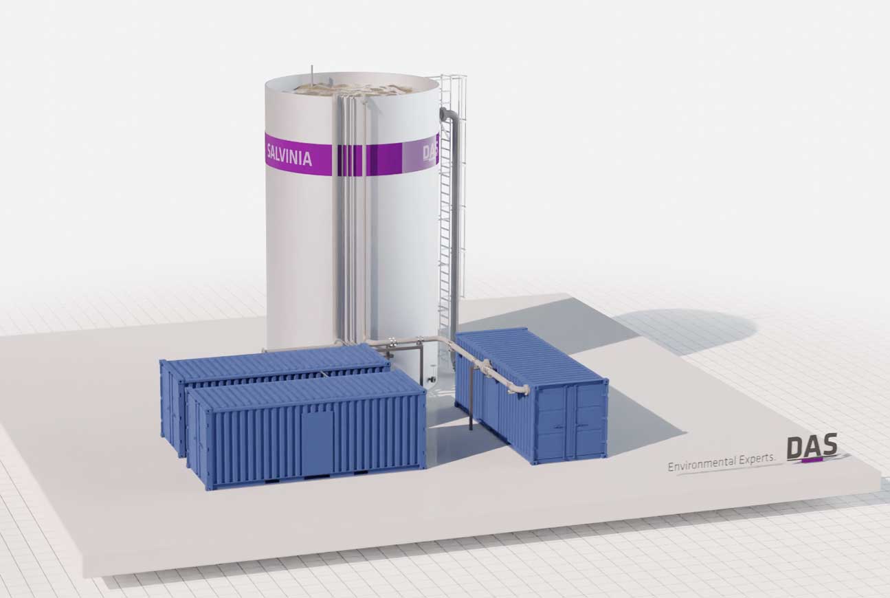 The image shows an industrial biological wastewater treatment plant comprising a large white tank labelled ‘SALVINIA’ and two blue containers used for MBBR technology.