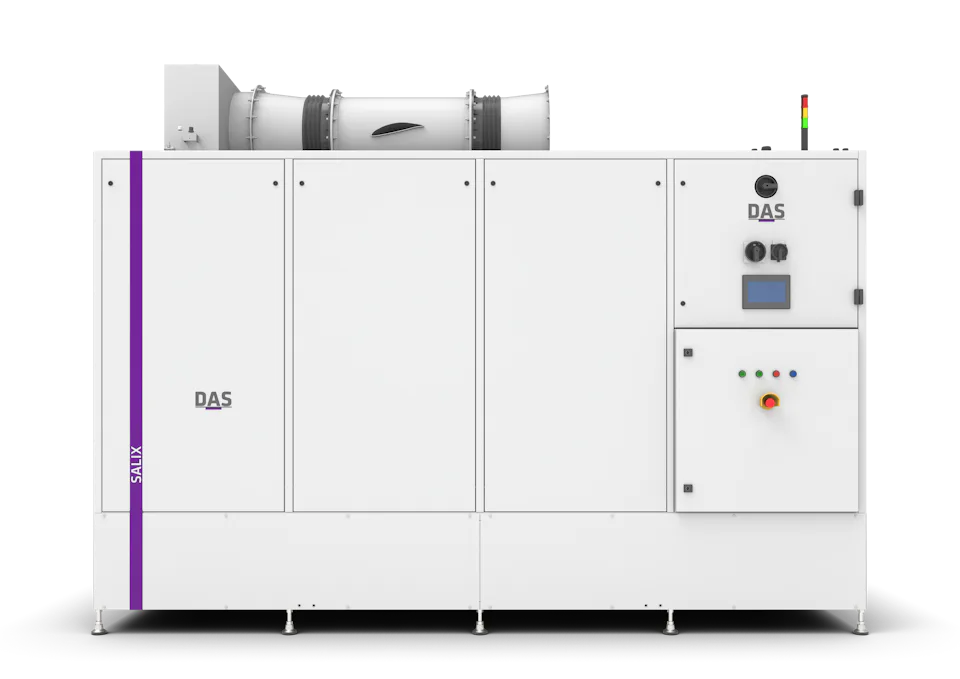 An industrial machine with the words ‘SALIX’ and ‘DAS’ on the front can be seen, equipped with a digital display, various controls and a small coloured signal system on the top.