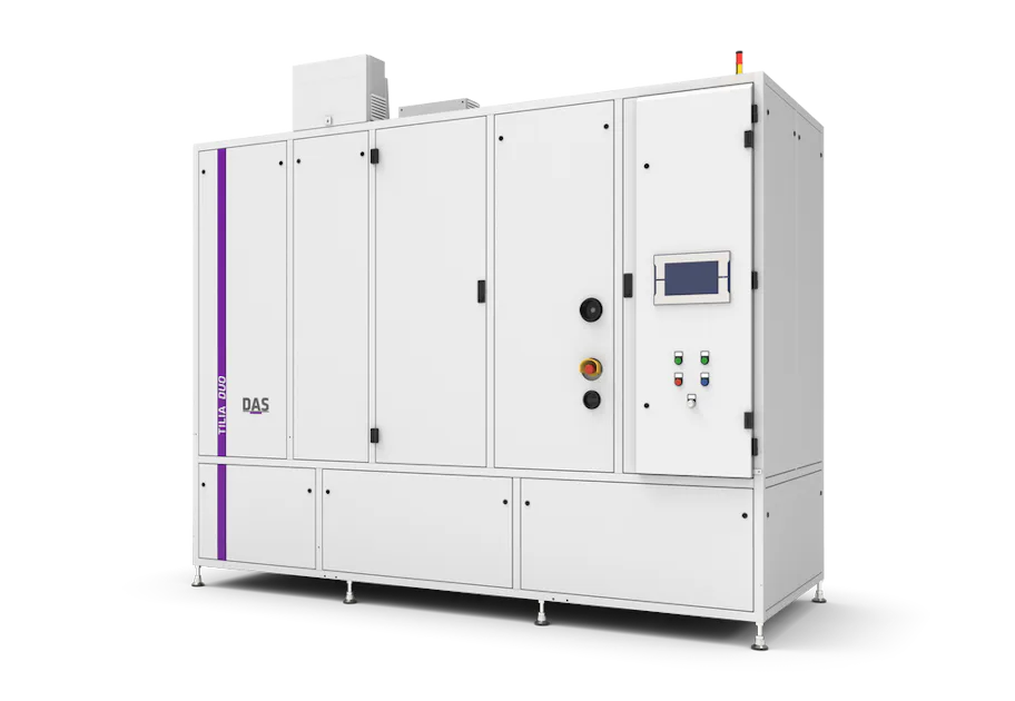 TILIA DUO 4+4 System An industrial machine with the words ‘TILIA DUO’ and ‘DAS’ on the front can be seen, equipped with a digital display, various controls and a small coloured signal system on the top.