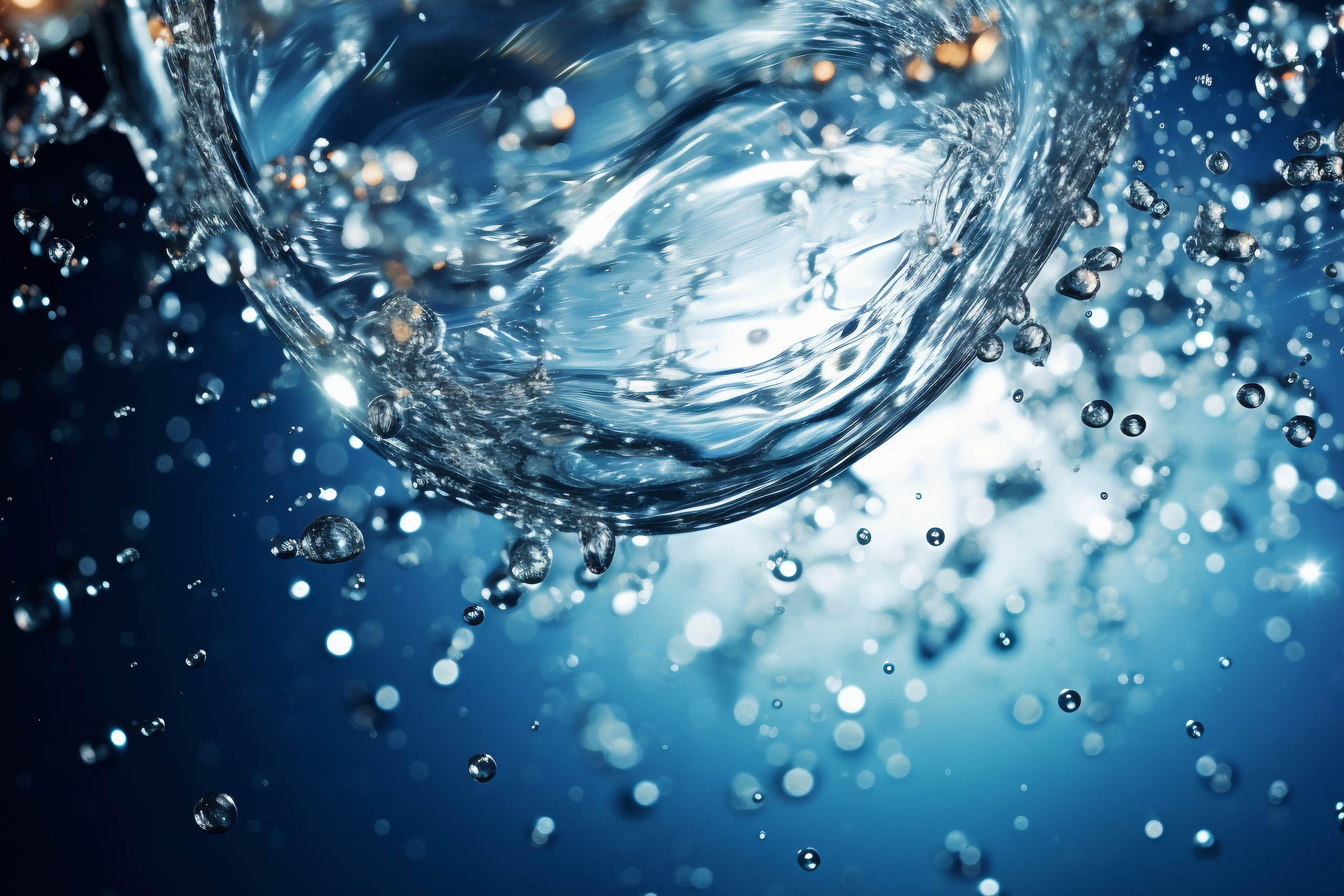 A dynamic close-up of splashing water with clear droplets sparkling in shades of blue and silver against a blurred background.
