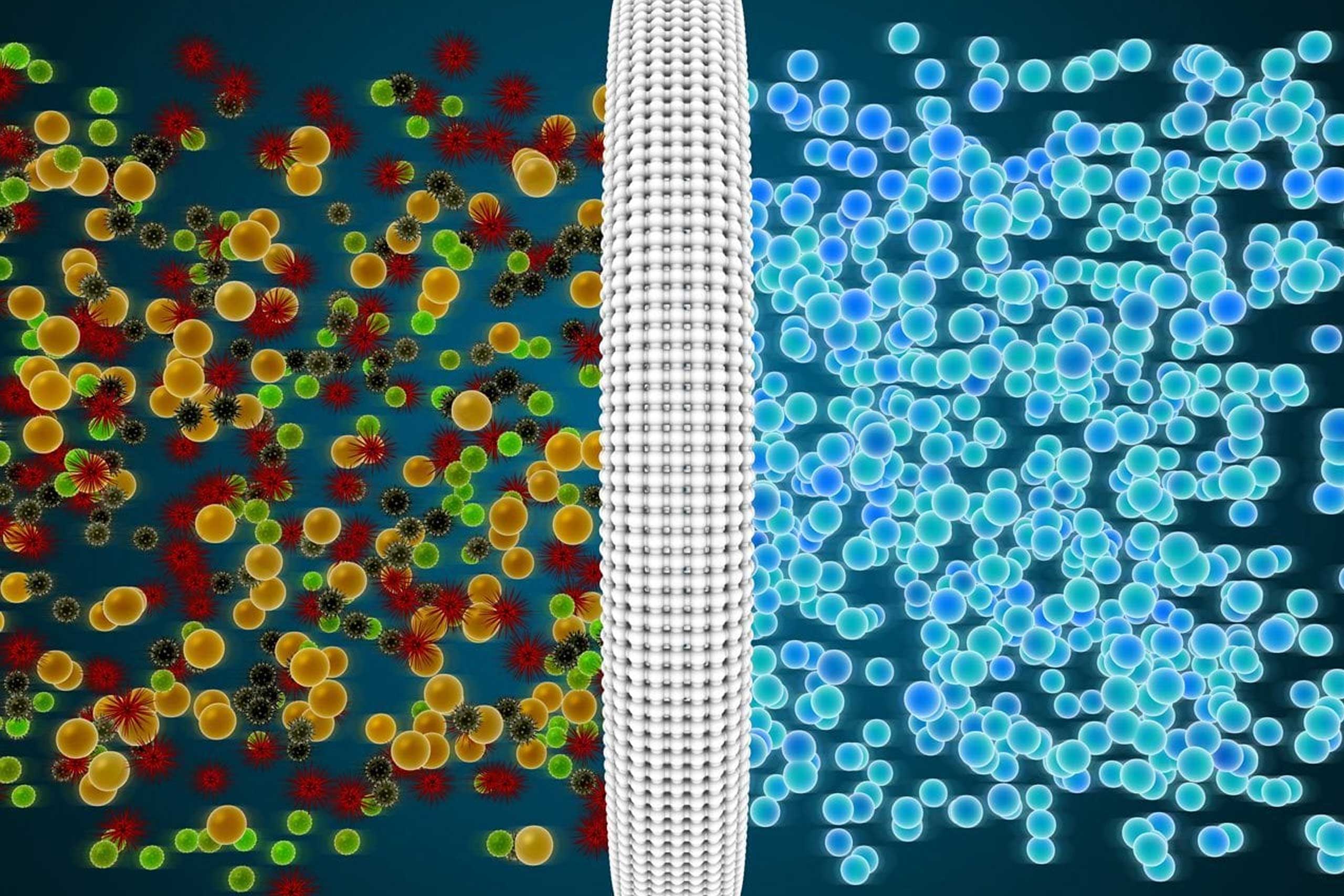The image depicts a high-tech filtration process, dividing a vibrant array of red and orange particles from a collection of uniform blue particles, illustrating advanced filtration technology and efficient separation techniques.