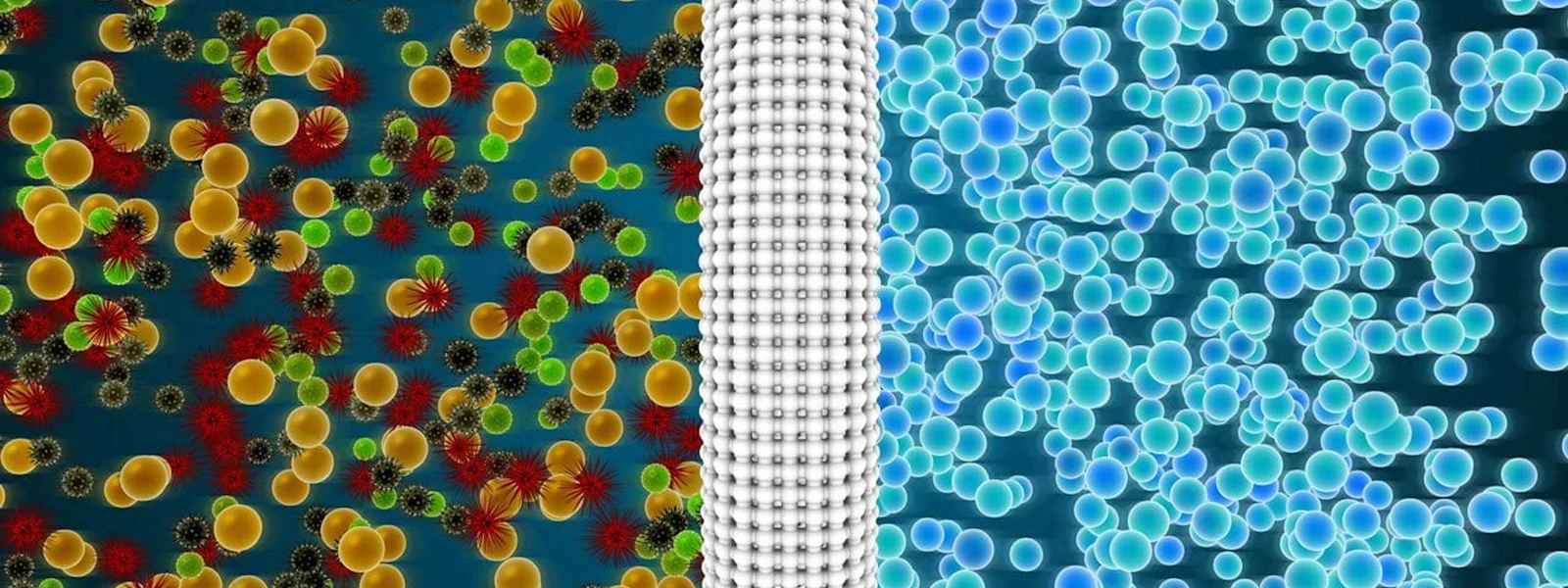 화학적-물리적 폐수 처리 이 이미지는 첨단 여과 공정을 보여줍니다. 선명한 붉은색과 주황색 입자들이 균일한 파란색 입자들과 분리되는 모습을 통해, 고도의 여과 기술과 효율적인 분리 기법을 보여줍니다.