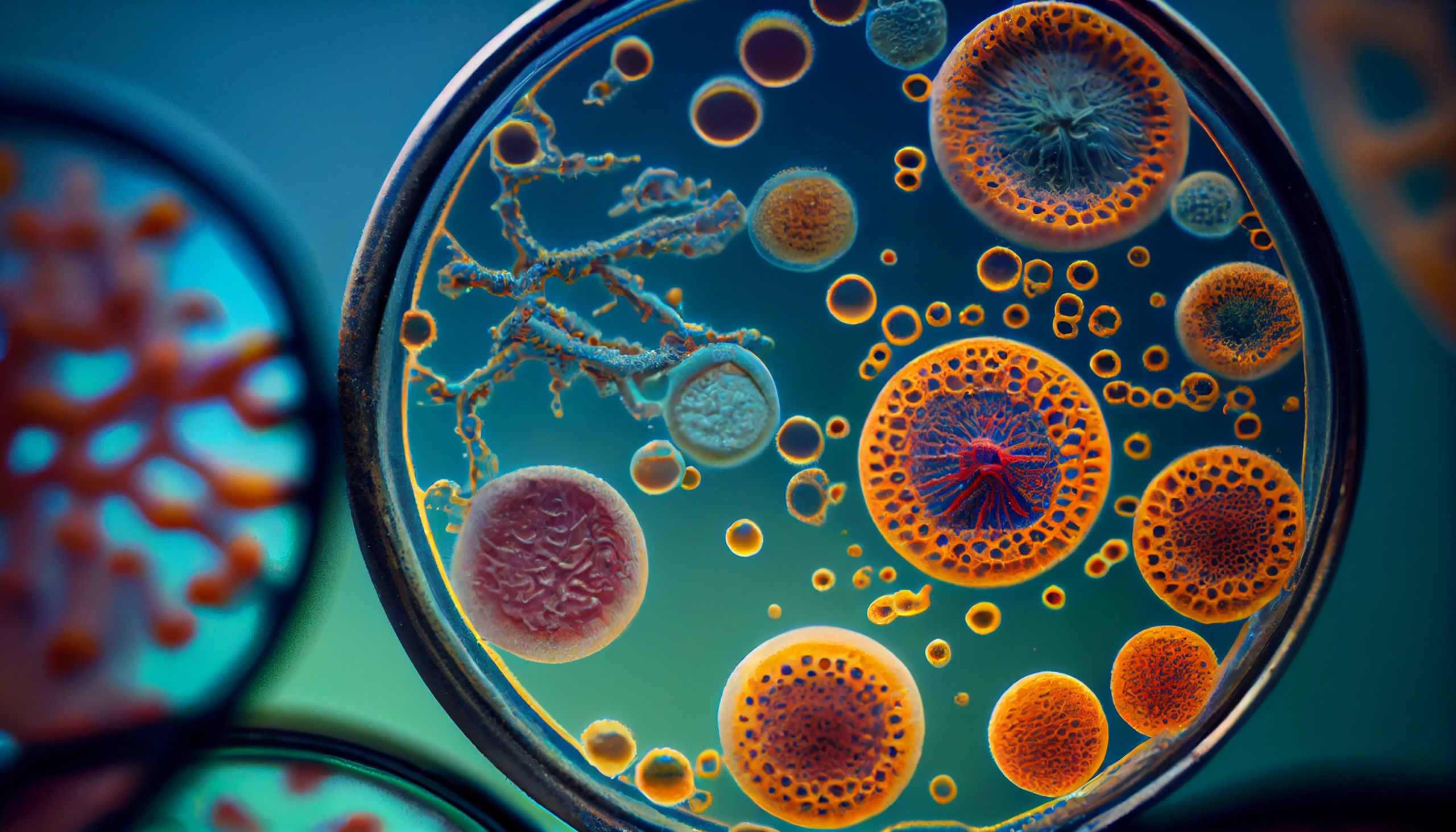 A collection of petri dishes containing various colorful, intricate bacterial cultures and microbial colonies under a microscope, showcasing vibrant orange and red circular formations against a blue-green background.