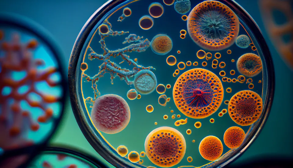 Biologicial Wastewater Treatment A collection of petri dishes containing various colorful, intricate bacterial cultures and microbial colonies under a microscope, showcasing vibrant orange and red circular formations against a blue-green background.