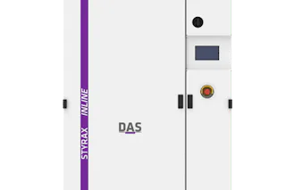 STYRAX-INLINE The image shows a white, industrial machine with a vertical purple stripe labeled "STYRAX INLINE" on the front, featuring a digital control panel and indicator lights on the upper right corner, standing against a plain background, designed for manufacturing or processing applications.
