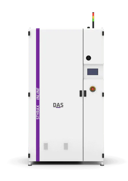 STYRAX-INLINE The image shows a white, industrial machine with a vertical purple stripe labeled "STYRAX INLINE" on the front, featuring a digital control panel and indicator lights on the upper right corner, standing against a plain background, designed for manufacturing or processing applications.