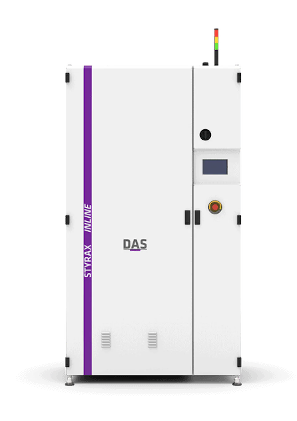 The image shows a white, industrial machine with a vertical purple stripe labeled "STYRAX INLINE" on the front, featuring a digital control panel and indicator lights on the upper right corner, standing against a plain background, designed for manufacturing or processing applications.