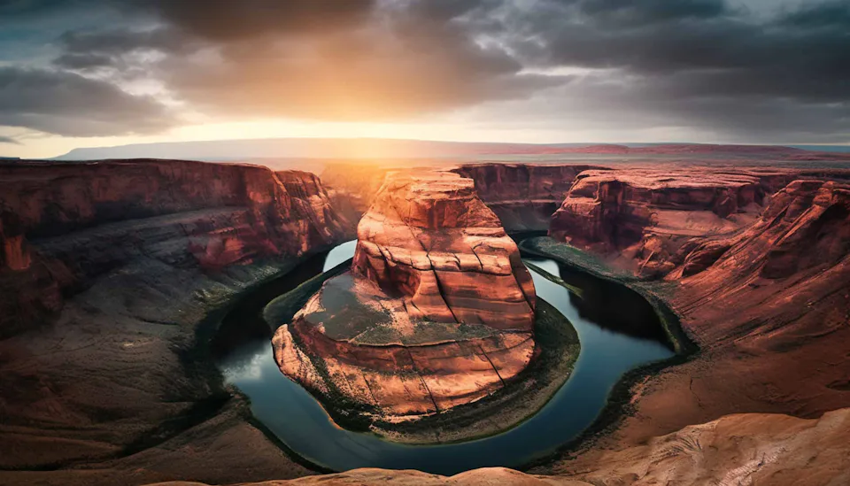 River in the desert A breathtaking view of Horseshoe Bend at sunset, where the Colorado River elegantly curves around a monumental sandstone rock formation, under a dramatic, cloud-filled sky.