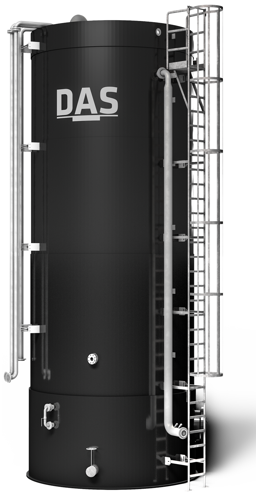 A tall, cylindrical black tank with the letters "DAS" on it features metal pipework and an attached ladder, used as part of an MBBR-System for industrial applications.