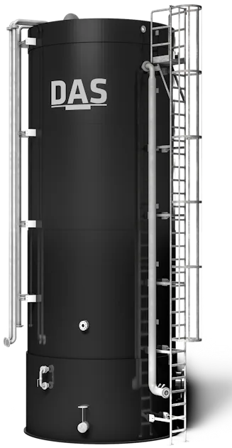 MBBR-System A tall, cylindrical black tank with the letters "DAS" on it features metal pipework and an attached ladder, used as part of an MBBR-System for industrial applications.
