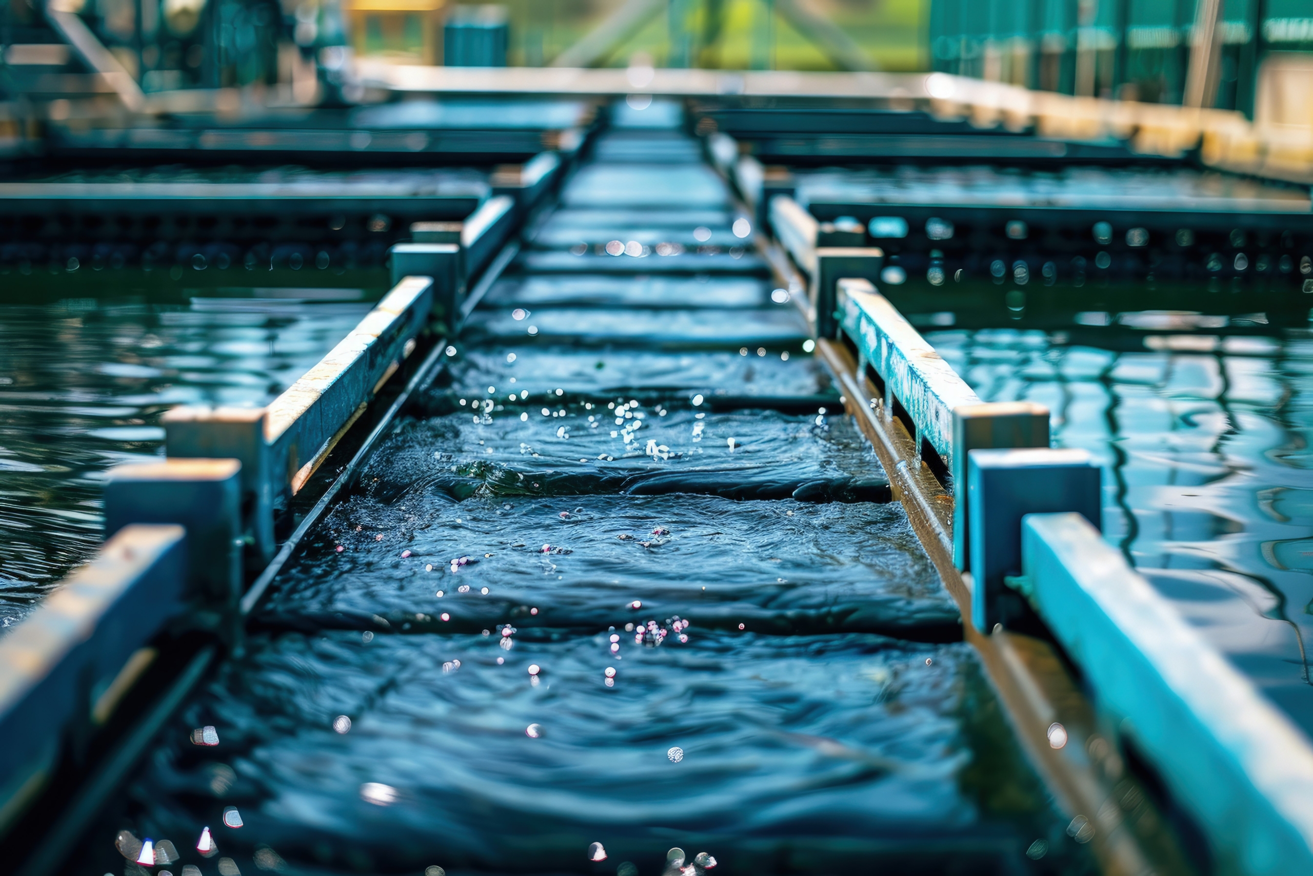 A close-up view of a vibrant blue aquaculture system with narrow, flowing water channels, reflecting sunlight and surrounded by green structural supports.
