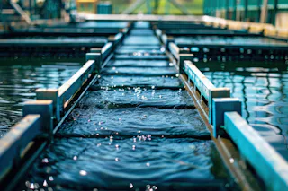 industrial wastewater treatment scale A close-up view of a vibrant blue aquaculture system with narrow, flowing water channels, reflecting sunlight and surrounded by green structural supports.