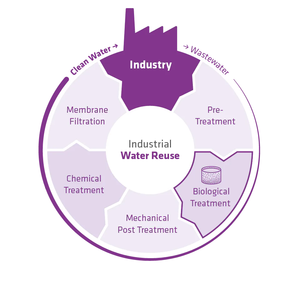 Industrial Water Reuse A circular flowchart illustrating the process of industrial water reuse, highlighting stages such as pre-treatment, membrane filtration, chemical treatment, mechanical post-treatment, and biological treatment, with focus on enhancing clean water and wastewater management in the industry sector.