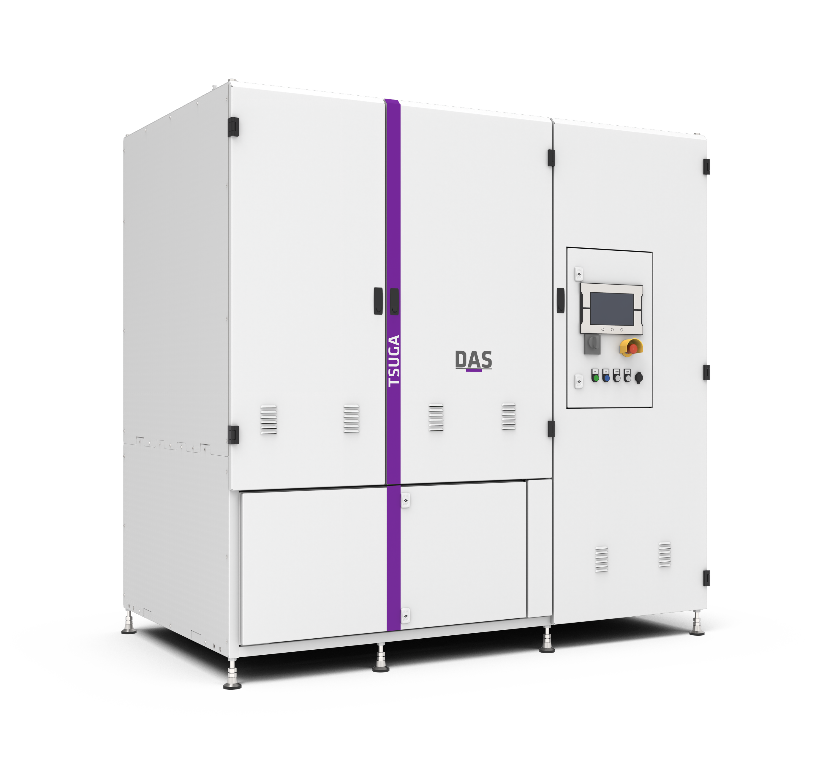 A large, industrial white cabinet system with purple accents, labeled "TSUGA," featuring multiple doors and a digital control panel, designed for waste gas abatement.