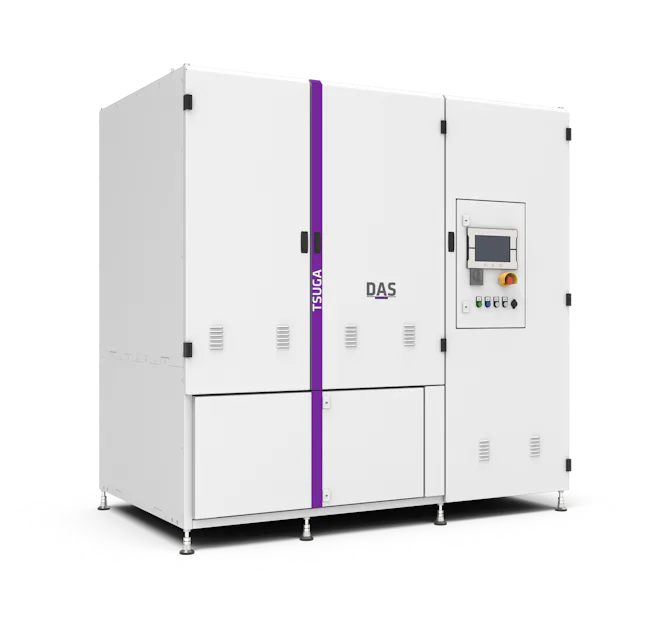 TSUGA A large, industrial white cabinet system with purple accents, labeled "TSUGA," featuring multiple doors and a digital control panel, designed for waste gas abatement.