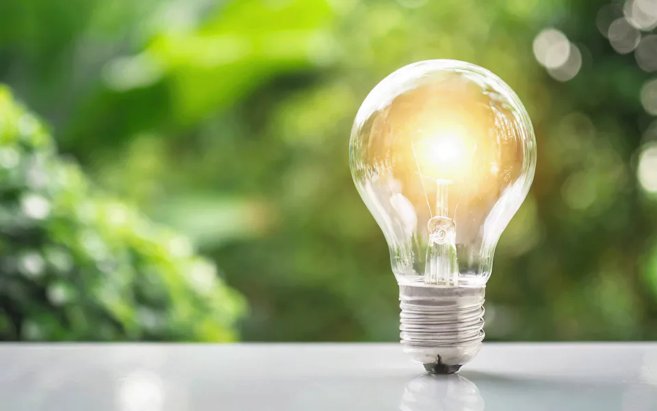 A glowing light bulb stands out against a blurred green background, conveying a sense of innovation and environmentally friendly energy.