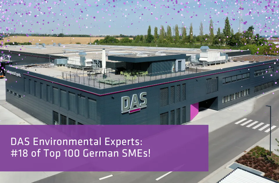 Headquarter DAS GmbH The DAS headquarters with the inscription “DAS Environmental Experts: #18 in the Top 100 German SMEs!”