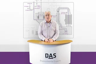 NOx reduction in semiconductor industry A person stands at a white and purple DAS Environmental Experts desk with a technical diagram related to environmental technology displayed in the background.