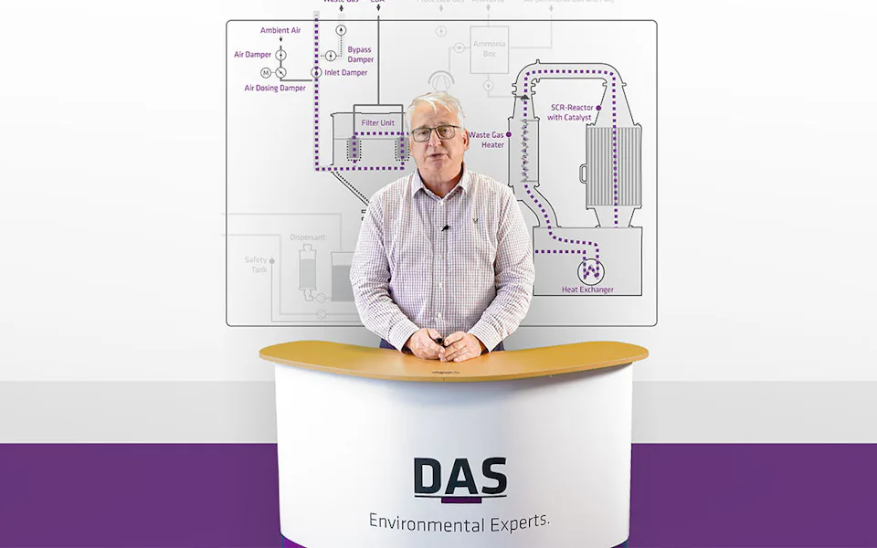 半導體產業的氮氧化物減排 抱歉,我無法辨識圖片中的人物。不過,我可以描述圖片的內容。圖片中,一位坐在前台的男子身穿格紋襯衫,背景是印有技術流程圖的展示板,上面展示了各種環保技術設備的流程,前台上寫著「DAS Environmental Experts」的標誌。