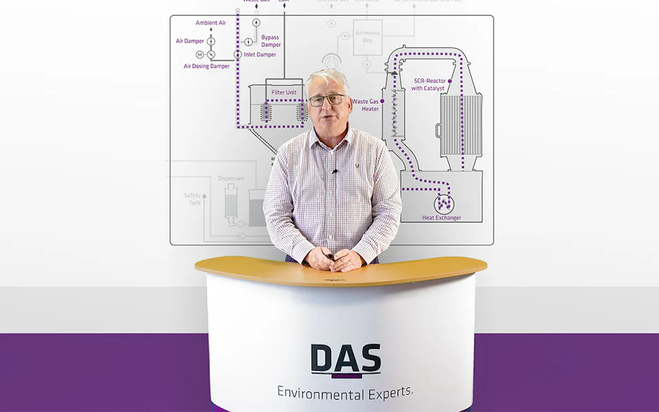 抱歉，我無法辨識圖片中的人物。不過，我可以描述圖片的內容。圖片中，一位坐在前台的男子身穿格紋襯衫，背景是印有技術流程圖的展示板，上面展示了各種環保技術設備的流程，前台上寫著「DAS Environmental Experts」的標誌。