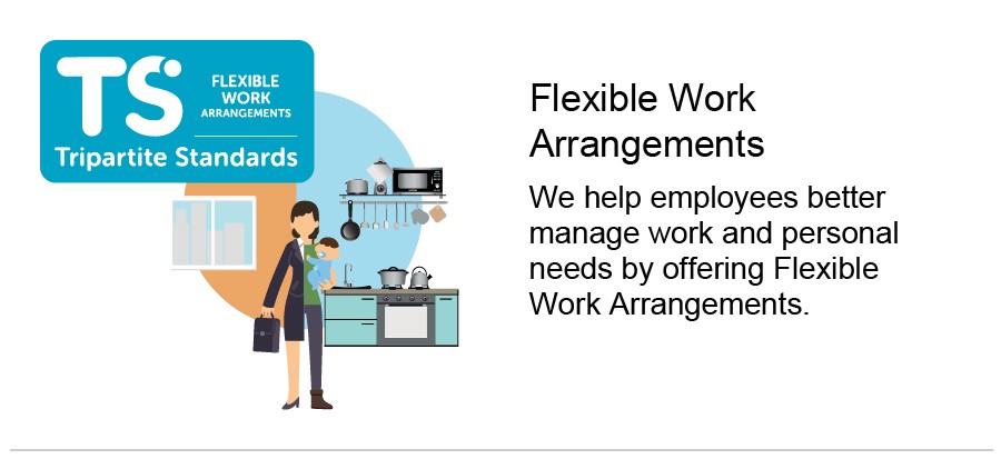 Illustration of a person balancing work and personal life, standing between an office scene with files and a home kitchen, promoting flexible work arrangements.