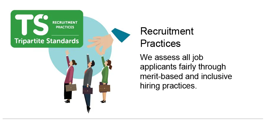 Tripartite Standards - Recruitment Practices An image depicts a recruitment theme with diverse cartoon characters dressed in professional attire, each holding a briefcase, reaching towards a blue hand icon under the banner "Tripartite Standards Recruitment Practices," promoting fair and inclusive hiring practices.