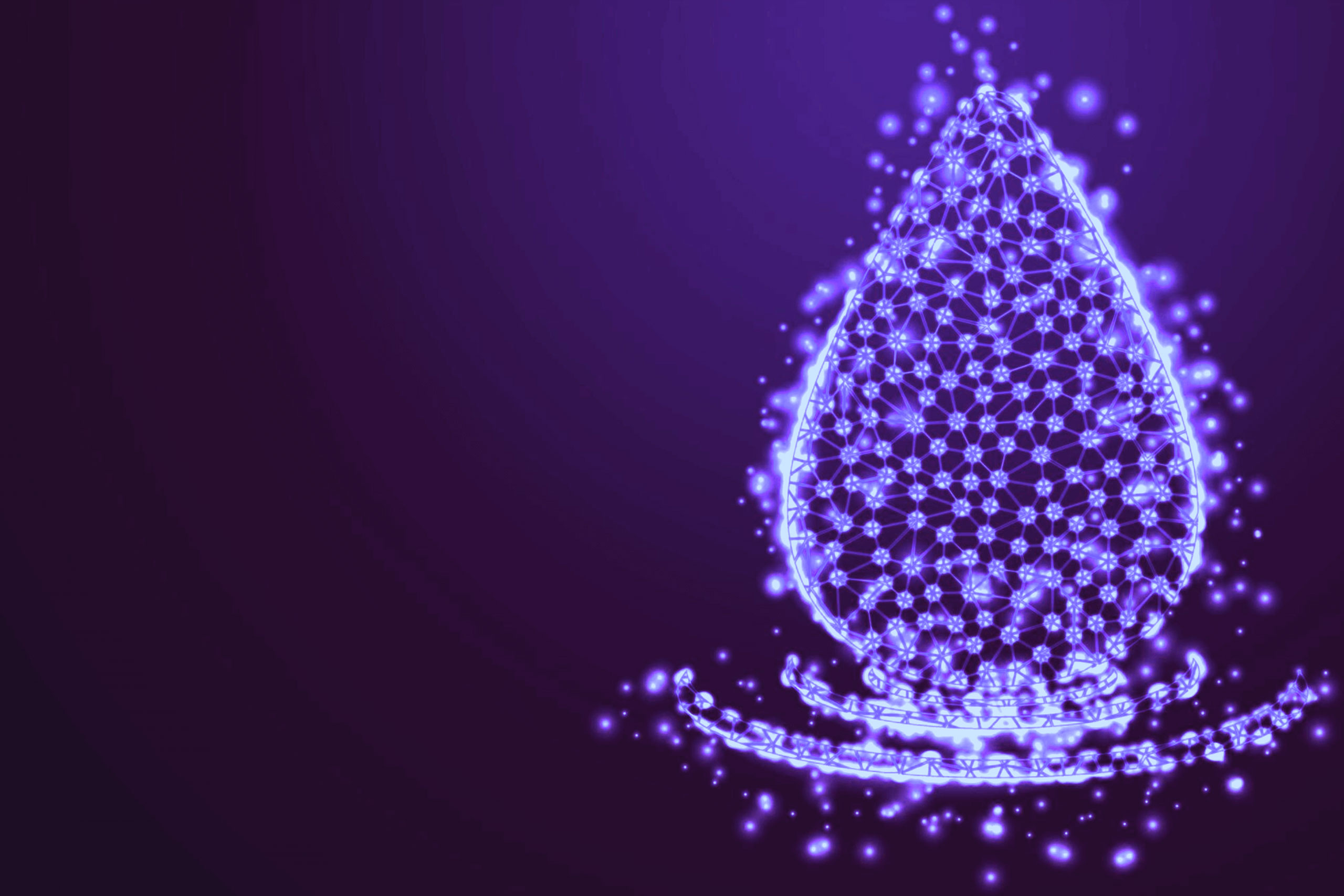 Eine leuchtende abstrakte Darstellung eines Wassertropfens aus miteinander verbundenen digitalen Knotenpunkten vor einem dunkelvioletten Hintergrund, der Wasserstofftechnologie und Innovation symbolisiert.