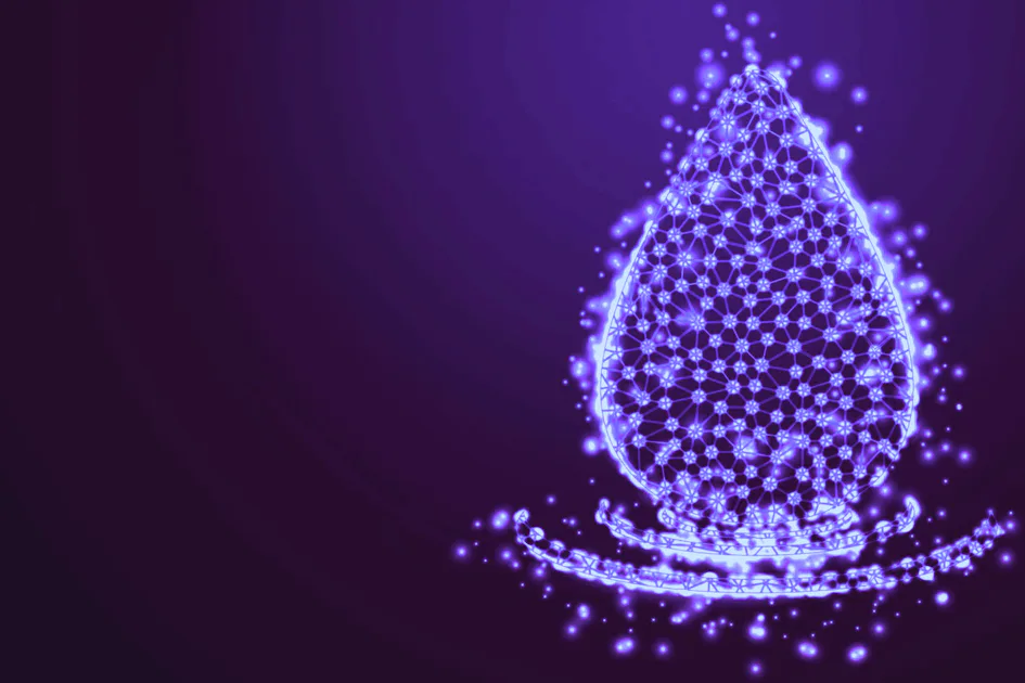 Wasserstoff Eine leuchtende abstrakte Darstellung eines Wassertropfens aus miteinander verbundenen digitalen Knotenpunkten vor einem dunkelvioletten Hintergrund, der Wasserstofftechnologie und Innovation symbolisiert.