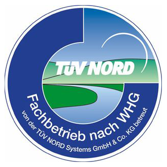 The image shows a round, blue TÜV NORD logo with a stylised river in a green landscape and the text ‘Fachbetrieb nach WHG’ (specialist company according to WHG) in German.