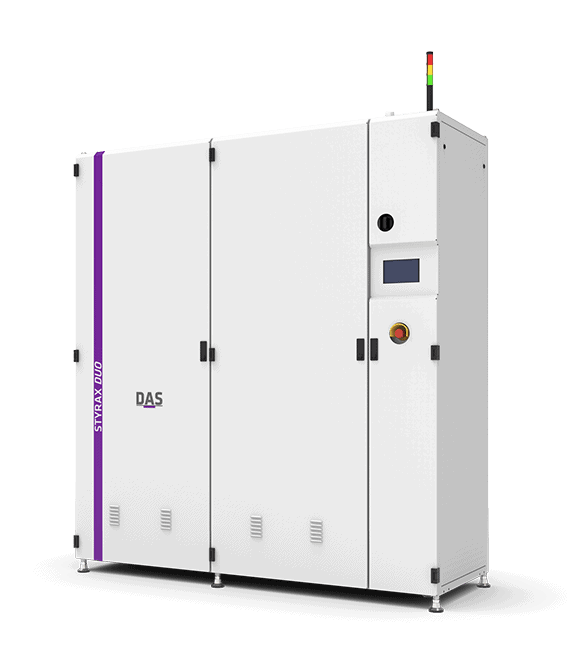 A large, white industrial device with a display and an emergency stop button labelled DAS and STYRAX DUO.