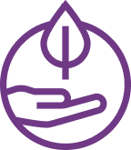 Eine lila Linie bildet ein Symbol mit einer offenen Hand, die ein Blatt hält, das für Nachhaltigkeit und Umweltbewusstsein steht.