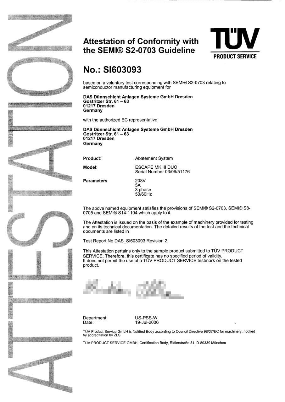 The image shows a TÜV certificate of conformity in accordance with the SEMI S2-0703 guideline, with certificate number SI603093, issued for a specific abatement system.