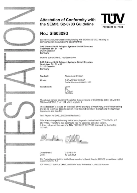 ESCAPE DUO SEMI S2 Certificate The image shows a TÜV certificate of conformity in accordance with the SEMI S2-0703 guideline, with certificate number SI603093, issued for a specific abatement system.