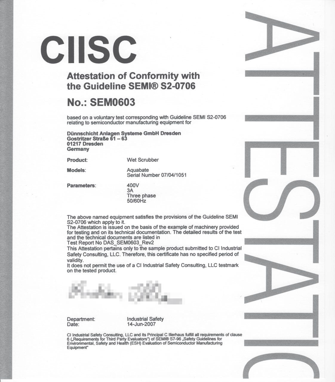The image shows a certificate of conformity for an exhaust gas treatment system/scrubber called Aquabate from CI Industrial Safety Consulting, issued on 14 June 2001.