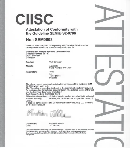 AQUABATE - Attestation of Conformity with the Guideline SEMI S2-0706 The image shows a certificate of conformity for an exhaust gas treatment system/scrubber called Aquabate from CI Industrial Safety Consulting, issued on 14 June 2001.