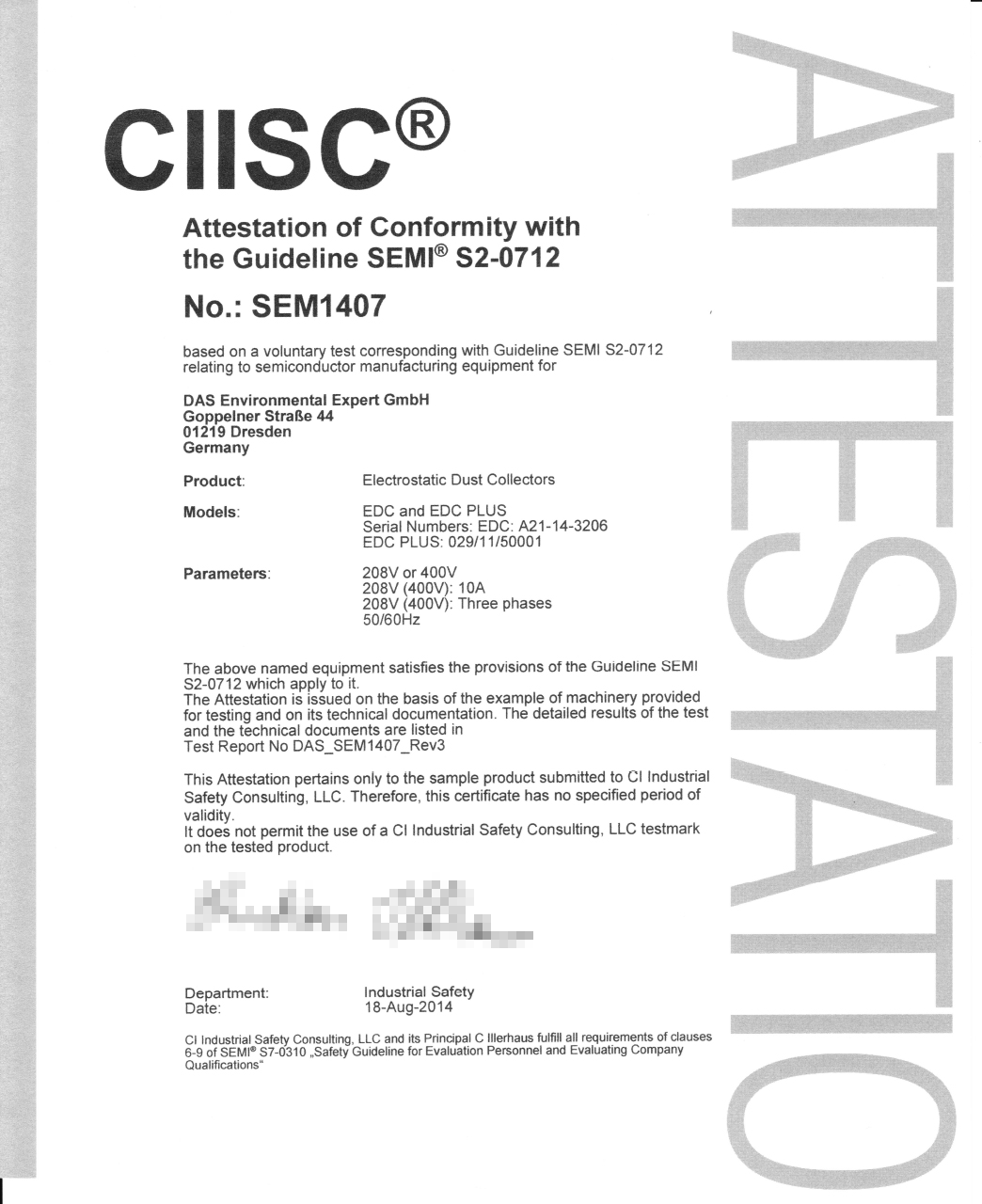 A certificate from CIISC describing the conformity of the EDC and EDC PLUS from DAS Environmental Expert GmbH, type EDC PLUS 315-14-3206, in accordance with Guideline SEMI S2-0712, with details of the test number, voltage and current.