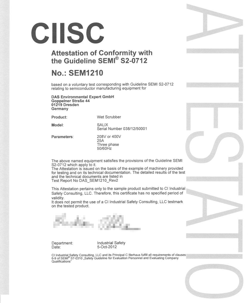 The image shows a CIISC Attestation of Conformity document for the Guideline SEMI S2-0712, labeled No.: SEM1210, issued by DAS Environmental Expert GmbH, detailing compliance with safety guidelines.