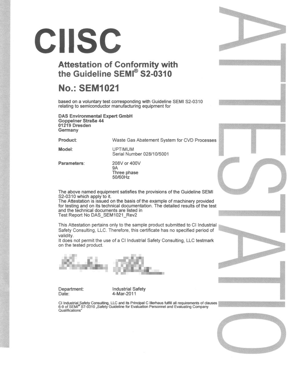 The image shows an ‘Attestation of Conformity’ document entitled ‘CIISC’, which confirms compliance with the SEMI S2-0310 guideline for a test procedure; relevant keywords include “UPTIMUM” and ‘burn-wet abatement’.