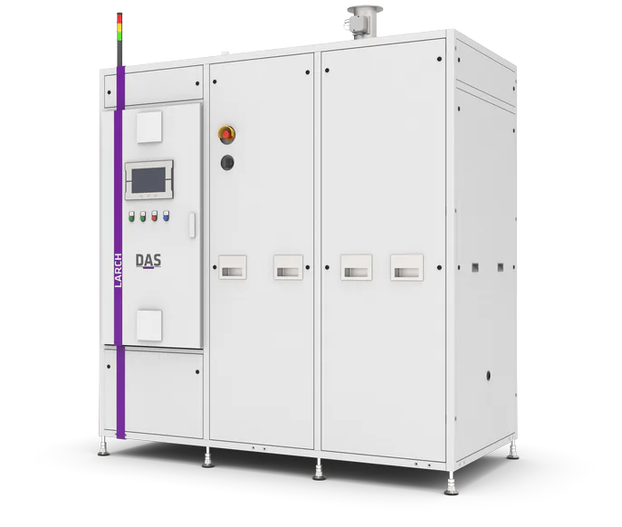 LARCH front closed right by DAS EE A large, industrial white control cabinet featuring multiple panels with a display screen, buttons, and switches, designed for operational management in a high-tech environment.