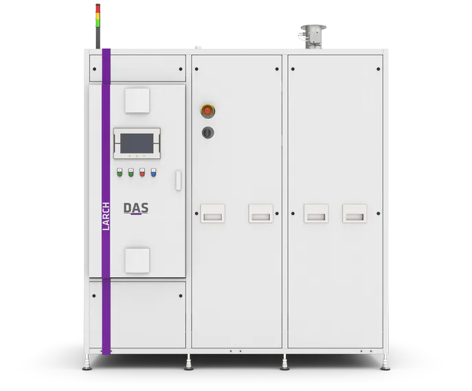 LARCH PLUS Front Closed An industrial machine with the words ‘LARCH’ and ‘DAS’ on the front can be seen, equipped with a digital display, various controls and a small coloured signal system on the top.