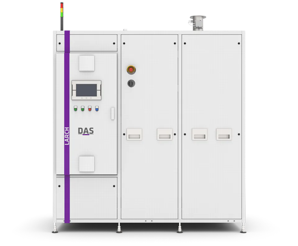An industrial machine with the words ‘LARCH’ and ‘DAS’ on the front can be seen, equipped with a digital display, various controls and a small coloured signal system on the top.
