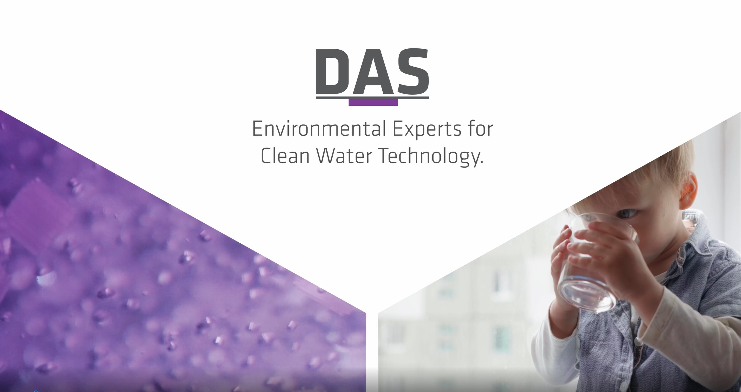 A child drinks from a glass of water against the backdrop of a logo with the text ‘DAS Environmental Experts for Clean Water Technology’, accompanied by abstract purple shapes that refer to advanced water treatment techniques.