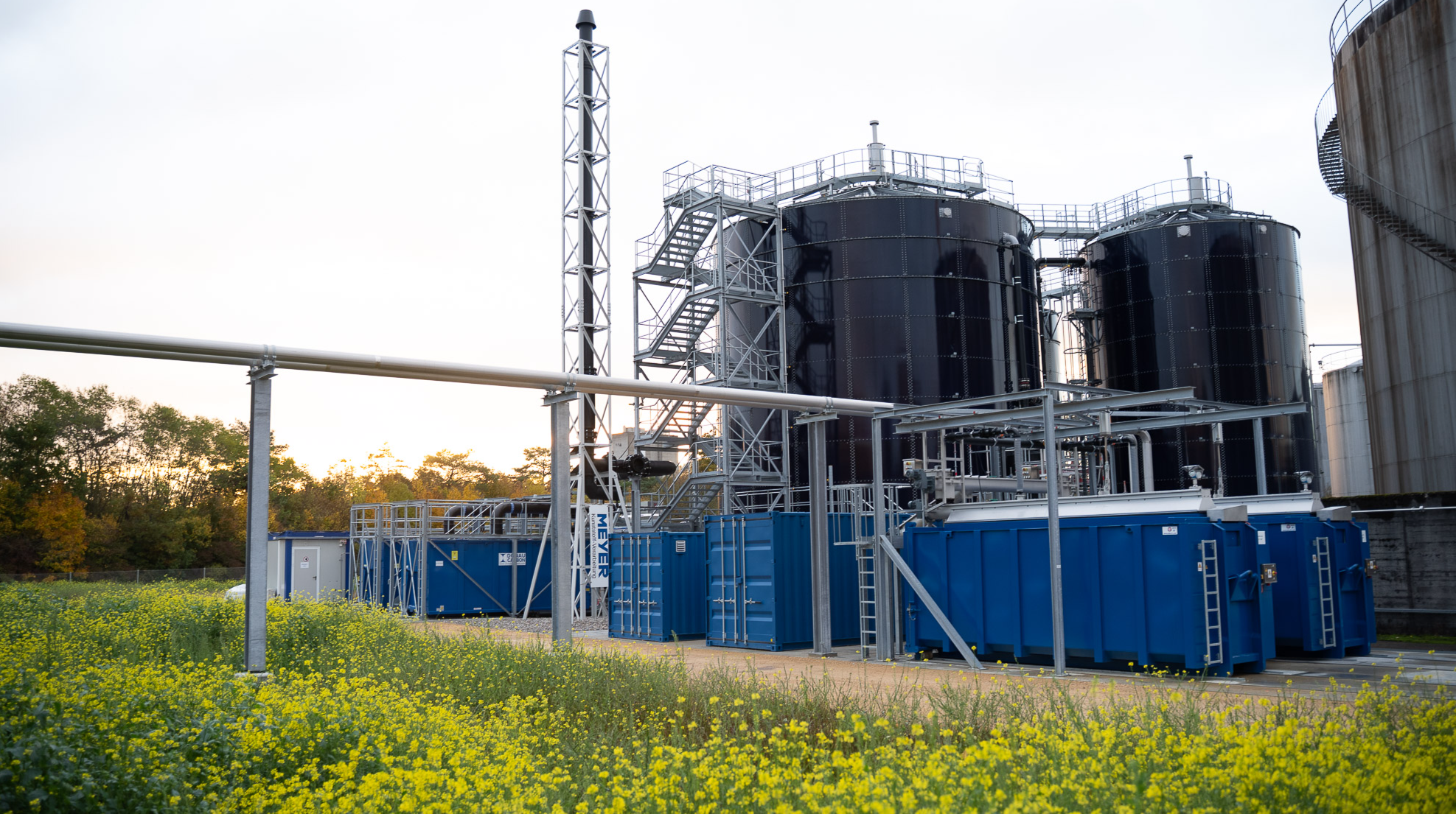 Industrial facility with several large black tanks and blue containers, surrounded by flowering yellow plants, under a cloudy sky, in connection with MBBR water treatment technology.
